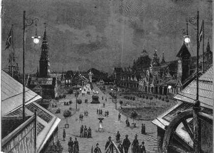 Sort og hvid tegning af bygninger hvor hedebosyningerne blev udstillet og verdenskendt